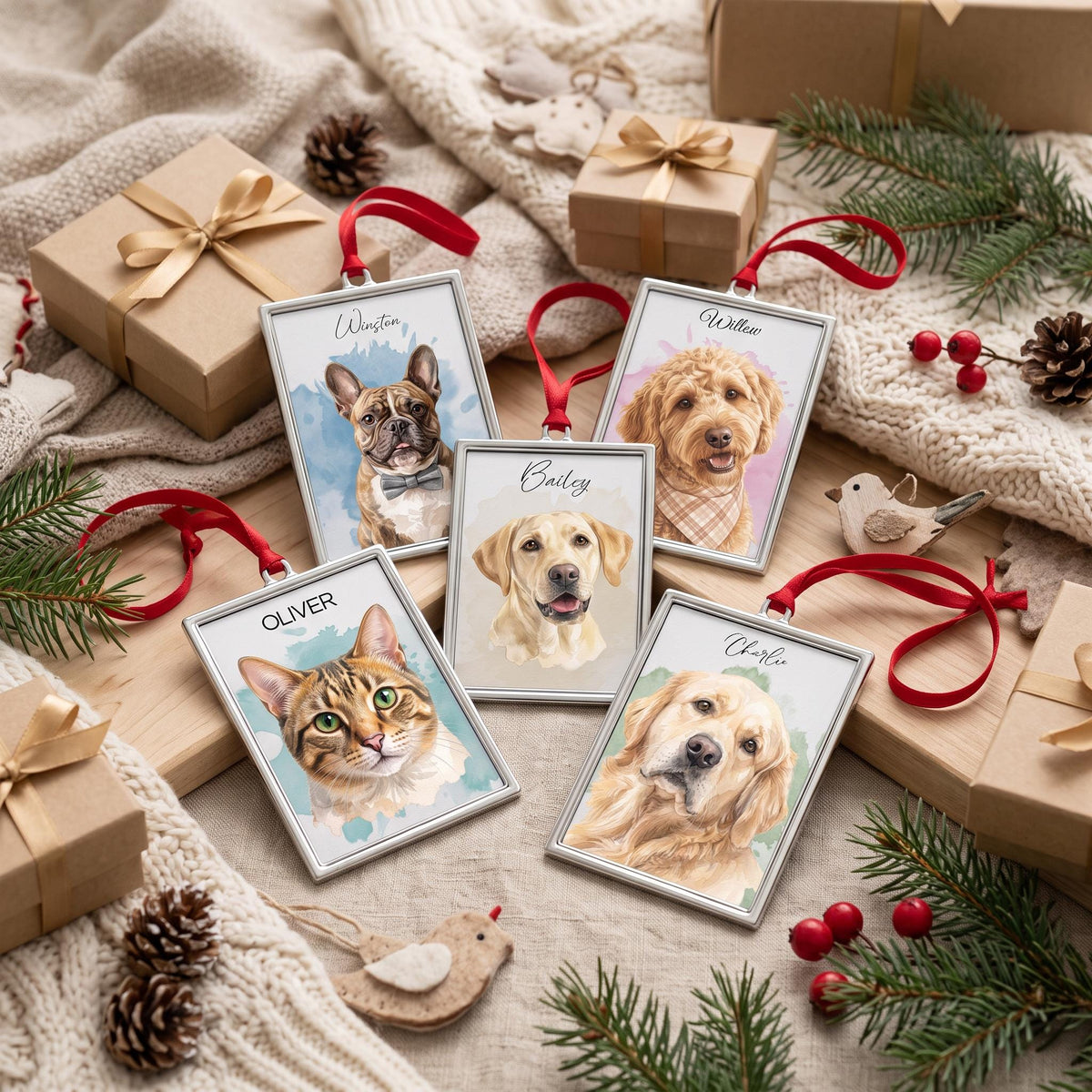 Custom Pet Portrait Ornament, Watercolor Silver Frame, 3.5×2.30in