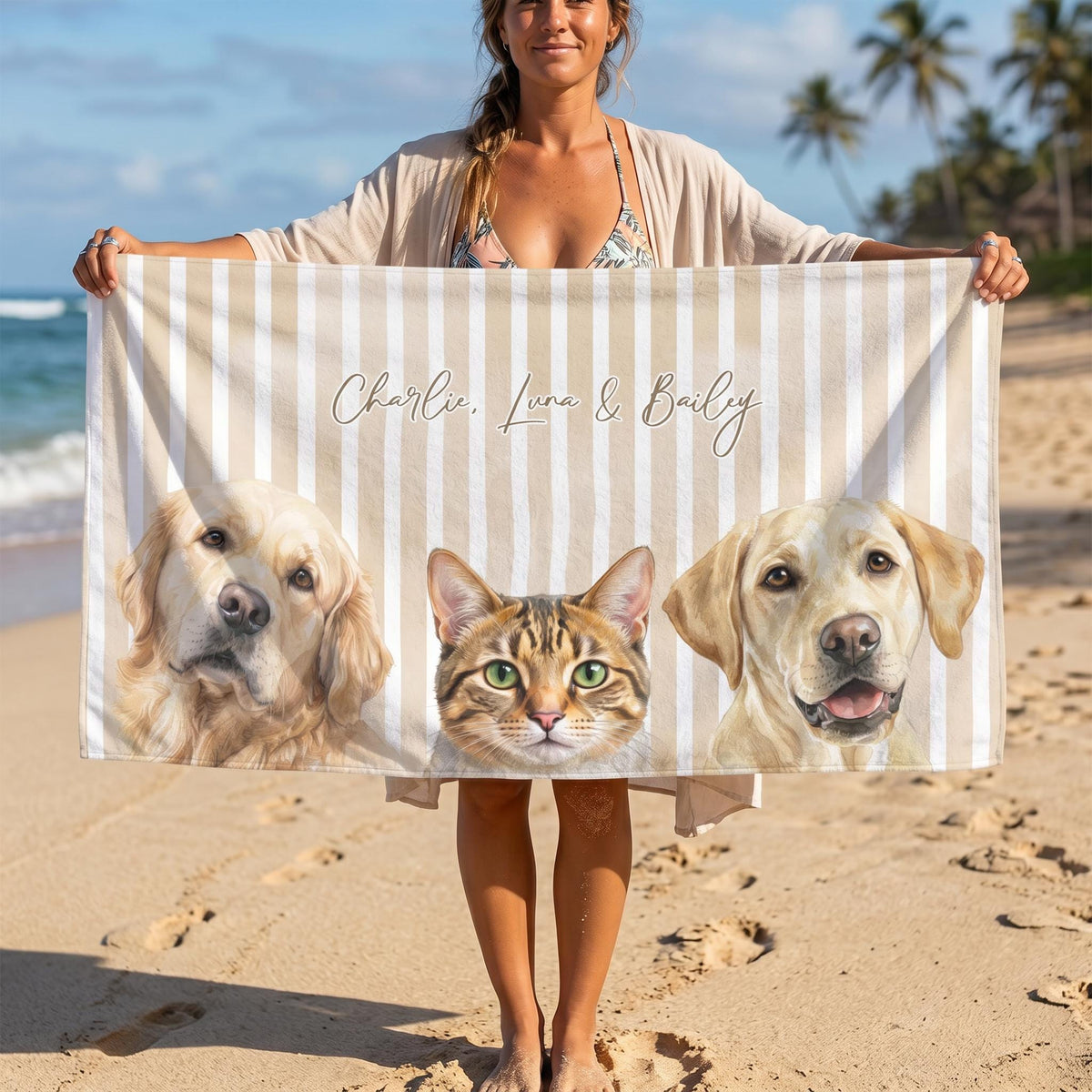Personalized Pet Beach Towel, Custom Dog Photo Beach Towel, Striped Watercolor Dog face Pool Towel, Custom Cat Beach Towel, Pet Portrait uve