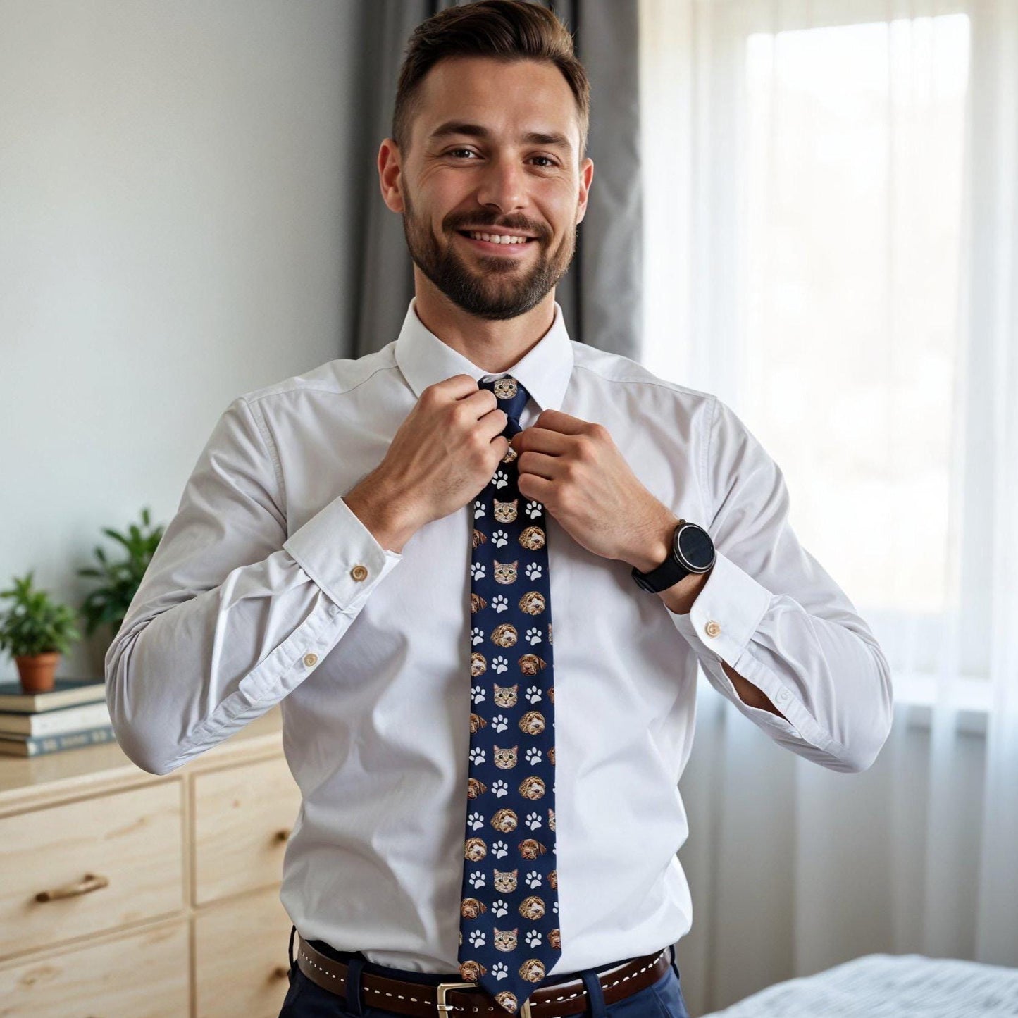 Man wearing a custom pet photo necktie with repeating dog faces on a navy blue background, perfect for personalized Father's Day gifts, wedding accessories, birthday gifts for husbands, and pet lover presents.