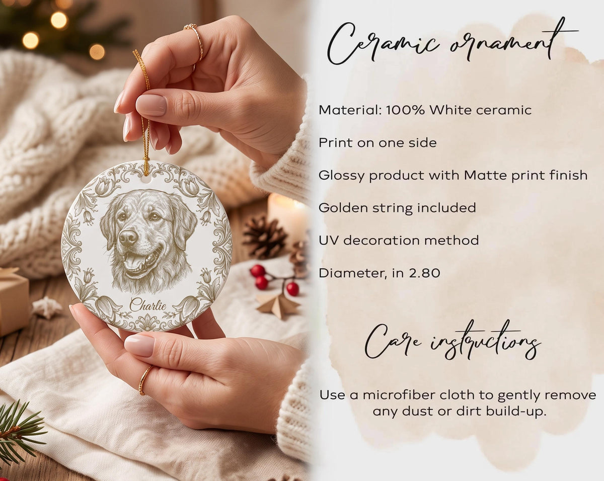 Custom Pet Ornament, Toile De Jouy Photo Porcelain Ornament, 3mm.