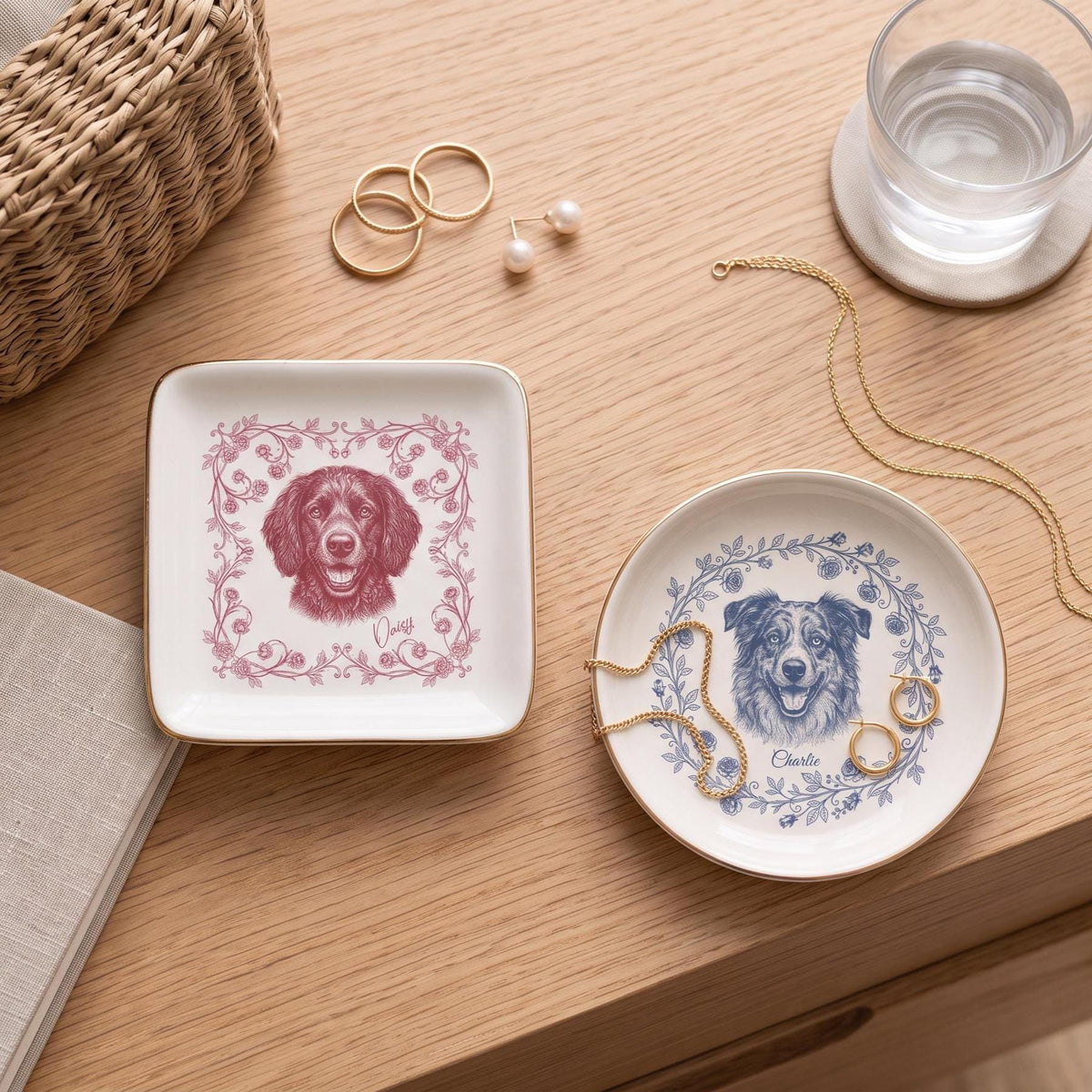 Custom Pet Jewelry Dish Toile De Jouy Dog Mom Photo Tray 2x2 Gold