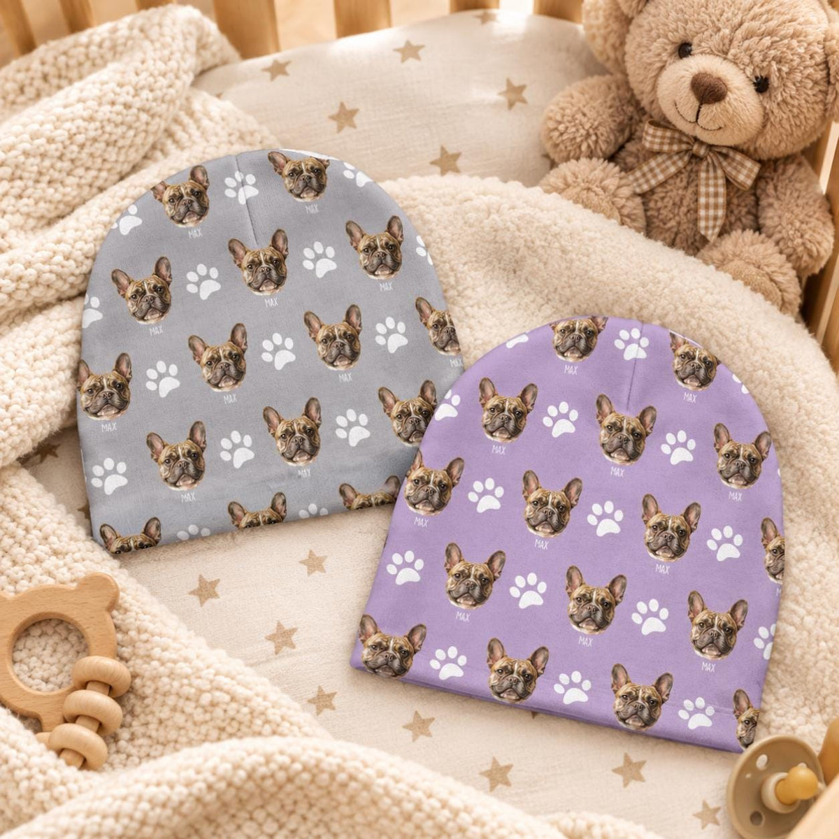 Custom Pet Baby Beanie, Personalized Dog Face Newborn Hat 0-6 Mos