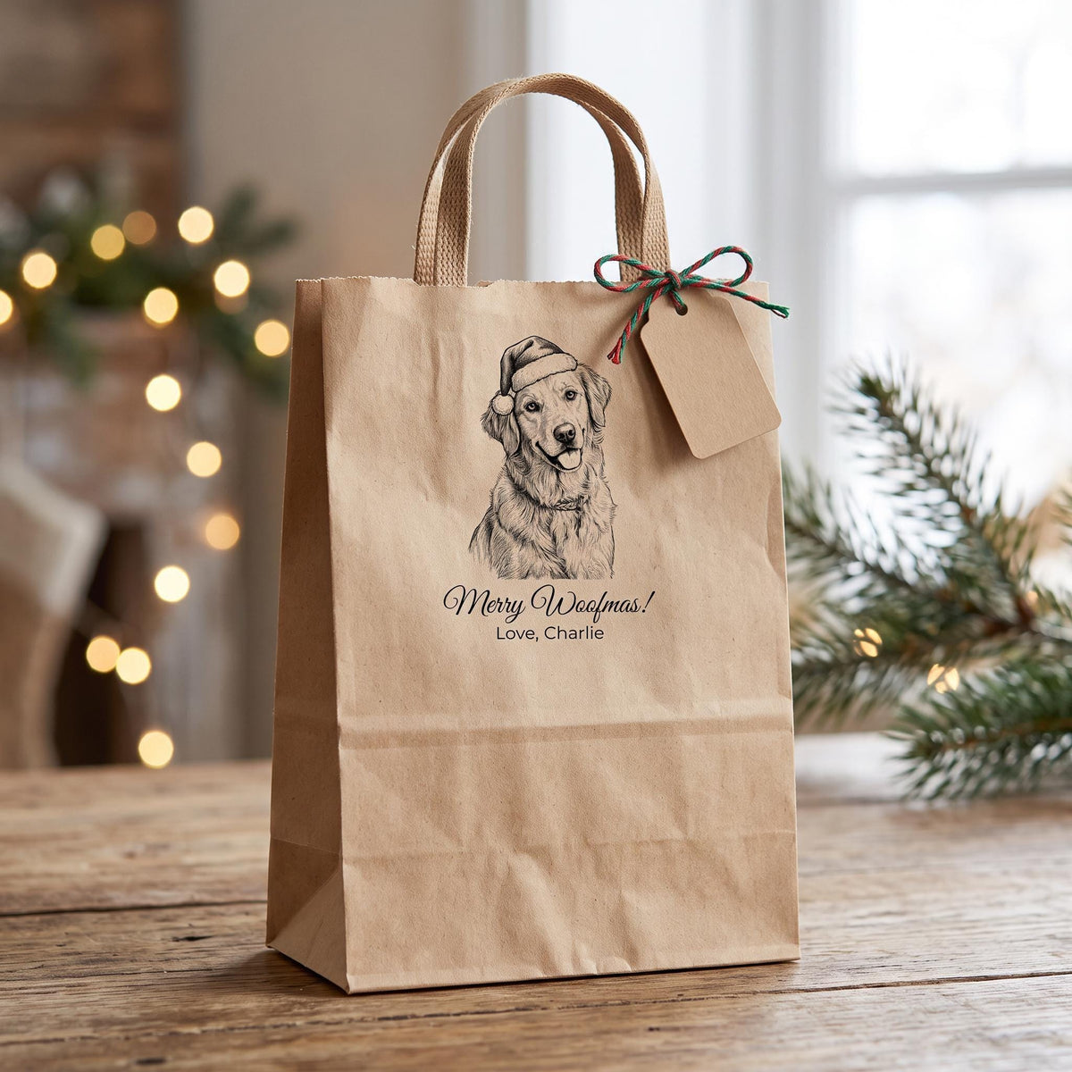 May include: A light brown paper gift bag with two handles and a blank rectangular gift tag attached by a red and green string. The bag features a black line drawing of a dog wearing a Santa hat, with the text Merry Woofmas! Love, Charlie.