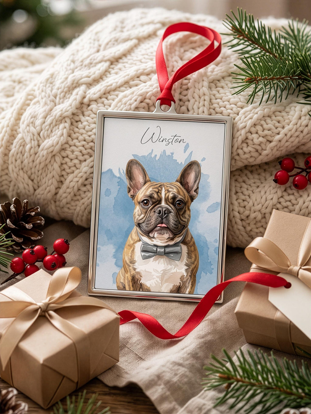 Custom Pet Portrait Ornament, Watercolor Silver Frame, 3.5×2.30in