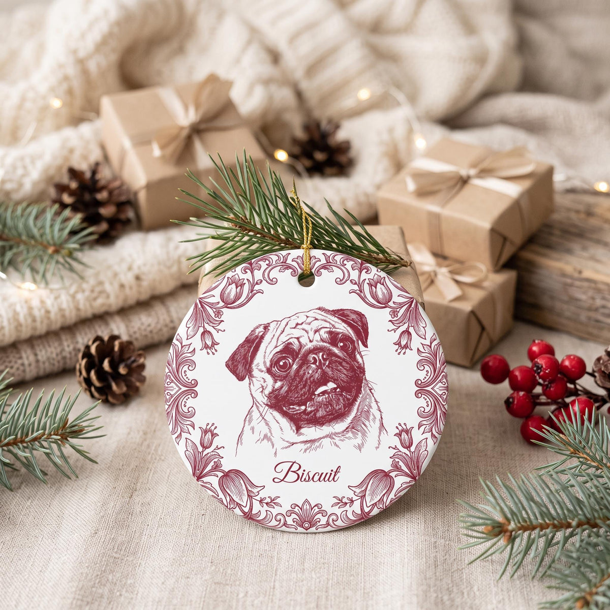 Custom Pet Ornament, Toile De Jouy Photo Porcelain Ornament, 3mm.