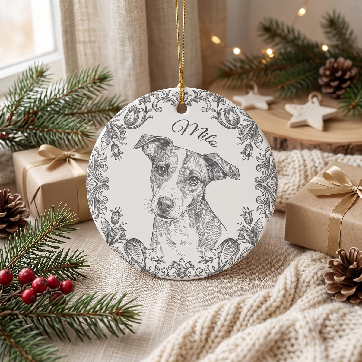 Custom Pet Ornament, Toile De Jouy Photo Porcelain Ornament, 3mm.