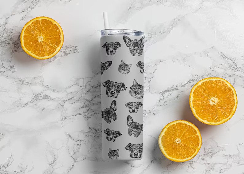 custom pet tumbler, 20oz Skinny Stainless Steel Cup With Straw XL