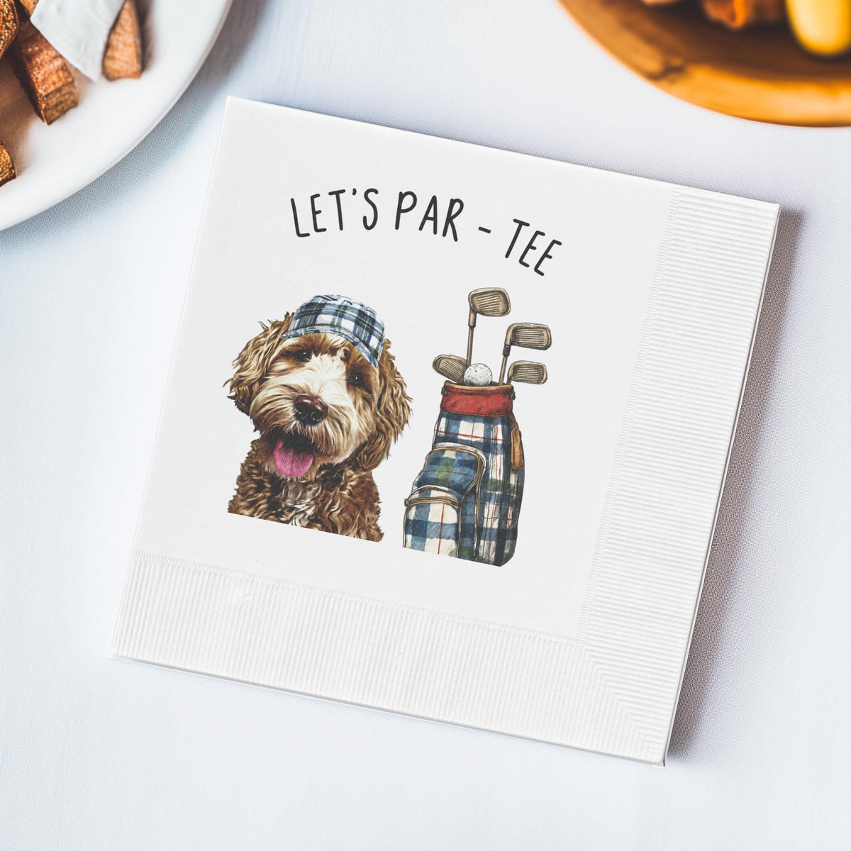 Custom pet golf napkins – personalized party napkins featuring dog portrait with golf bag and 'Let’s Par-Tee' text. Fun golf-themed cocktail napkins for weddings, bachelor parties, and dog lover events.