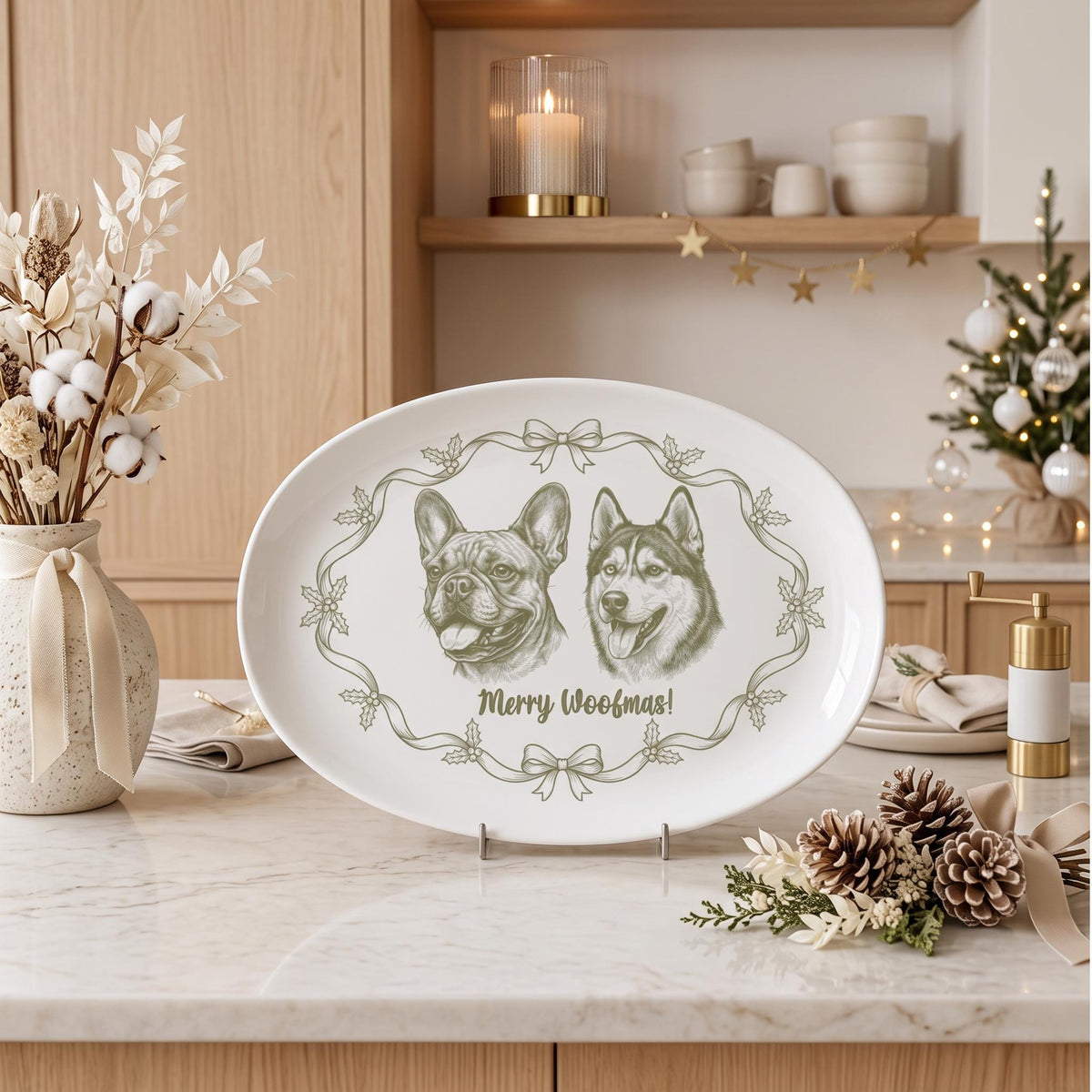 Custom Pet Christmas Plate, 13.9x9.96 Oval Melamine Personalized!