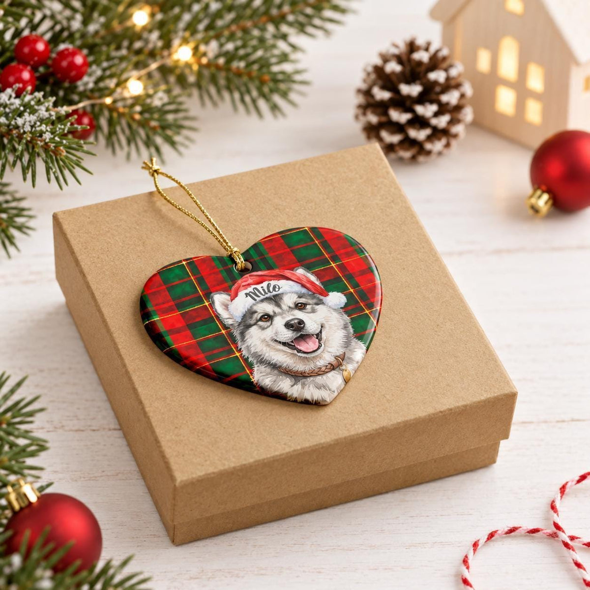 Custom Pet Ornament, Watercolor Keepsake, Ceramic Heart 3.2in Box