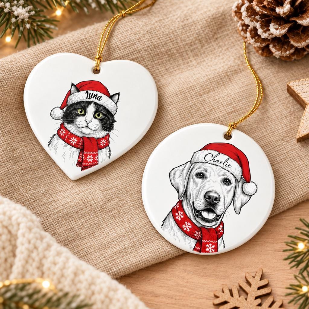 Custom Pet Photo Ornament, Ceramic Round, Personalized Dog Gifts.