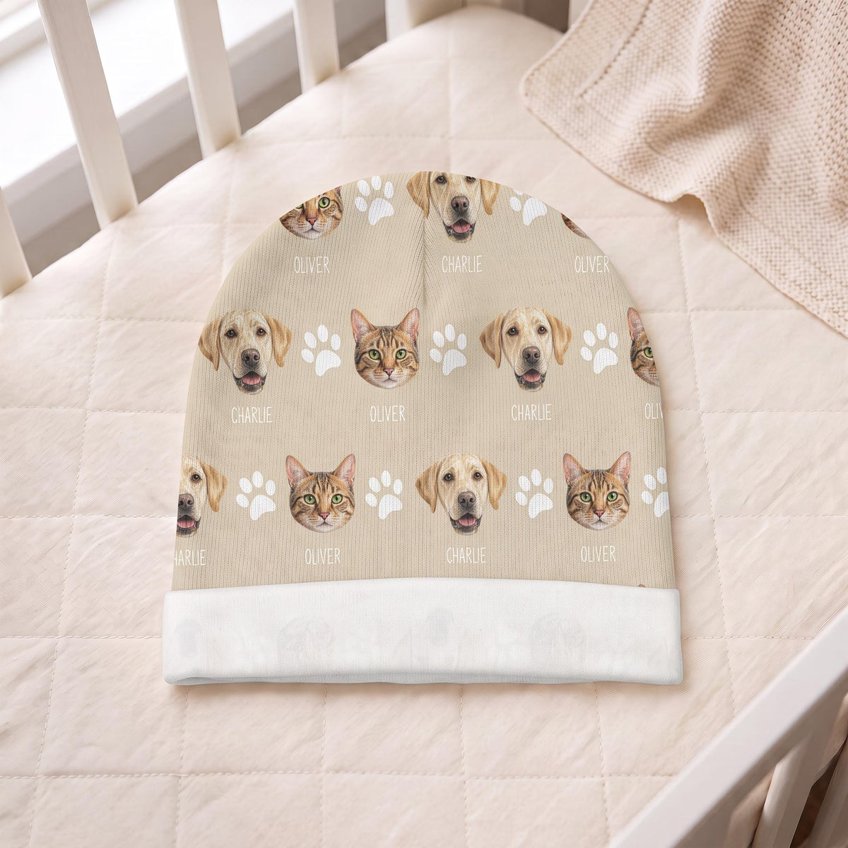 Custom Pet Baby Beanie, Personalized Dog Face Newborn Hat 0-6 Mos