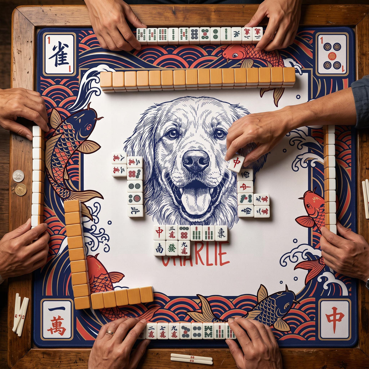 Custom Pet Mahjong Mat, Photo Watercolor Portrait, 33" Square Bag