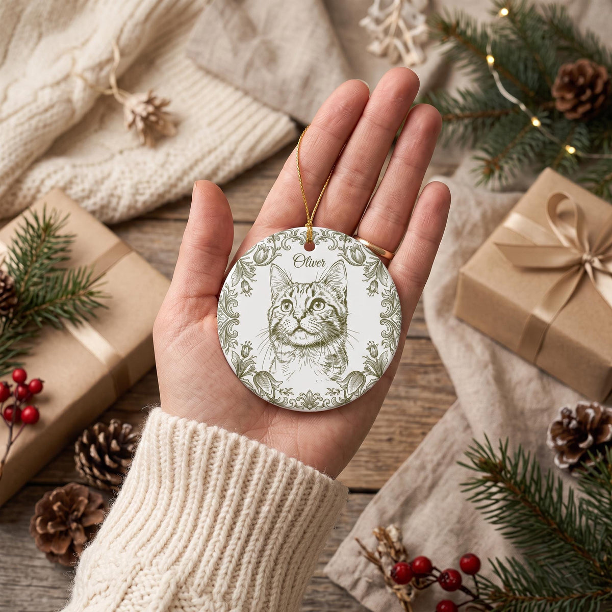 Custom Pet Ornament, Toile De Jouy Photo Porcelain Ornament, 3mm.