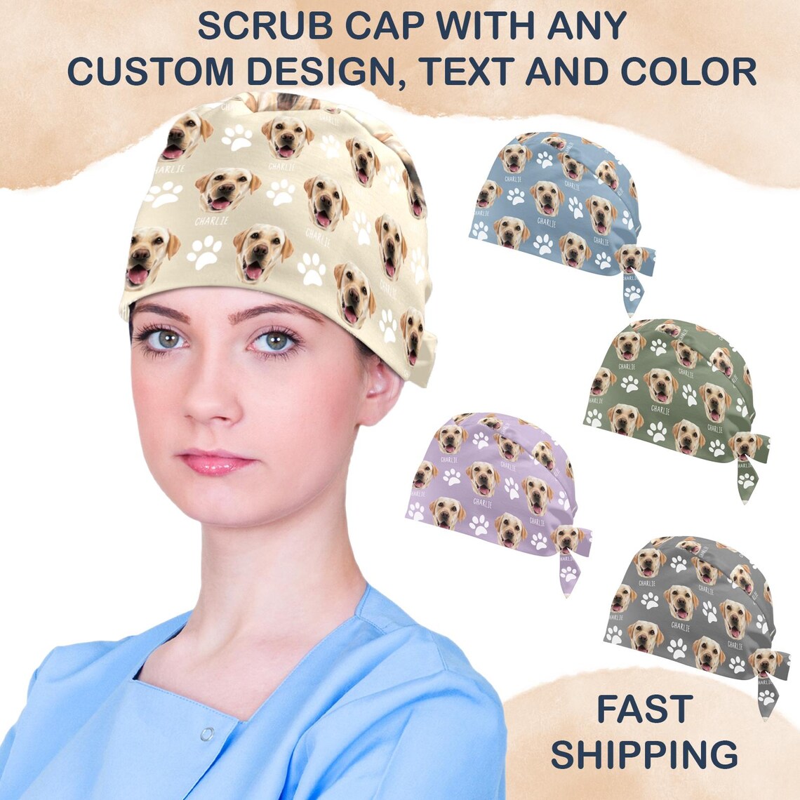 Personalized Scrub Cap with Pet Face Veterinary Nurse