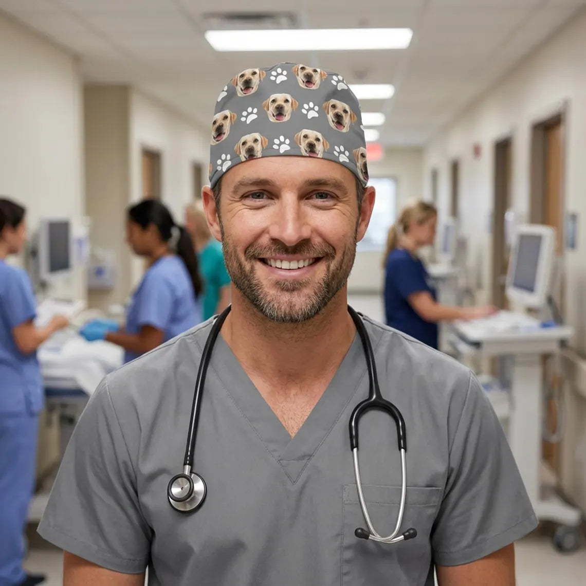Personalized Scrub Cap with Pet Face Veterinary Nurse
