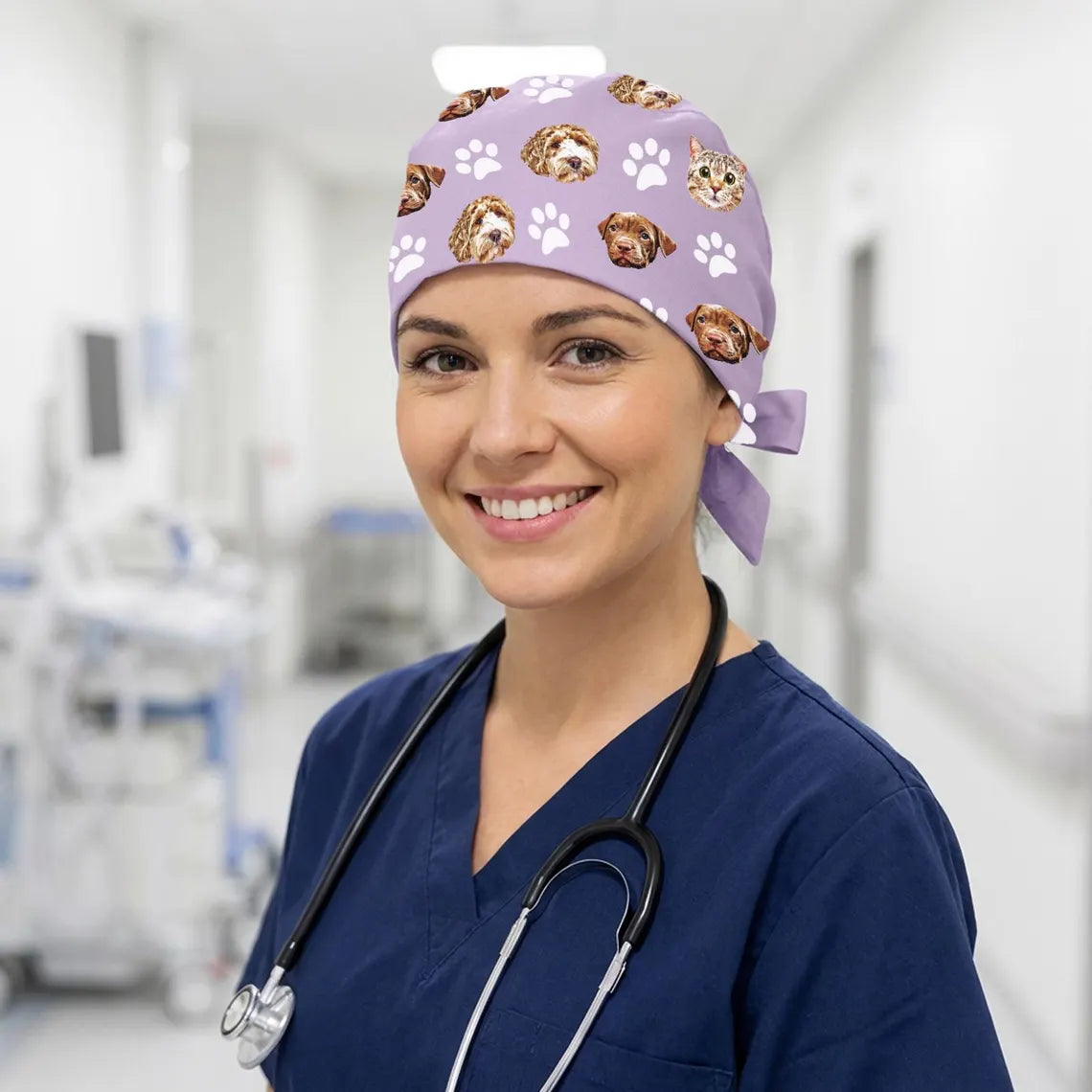 Personalized Scrub Cap with Pet Face Veterinary Nurse
