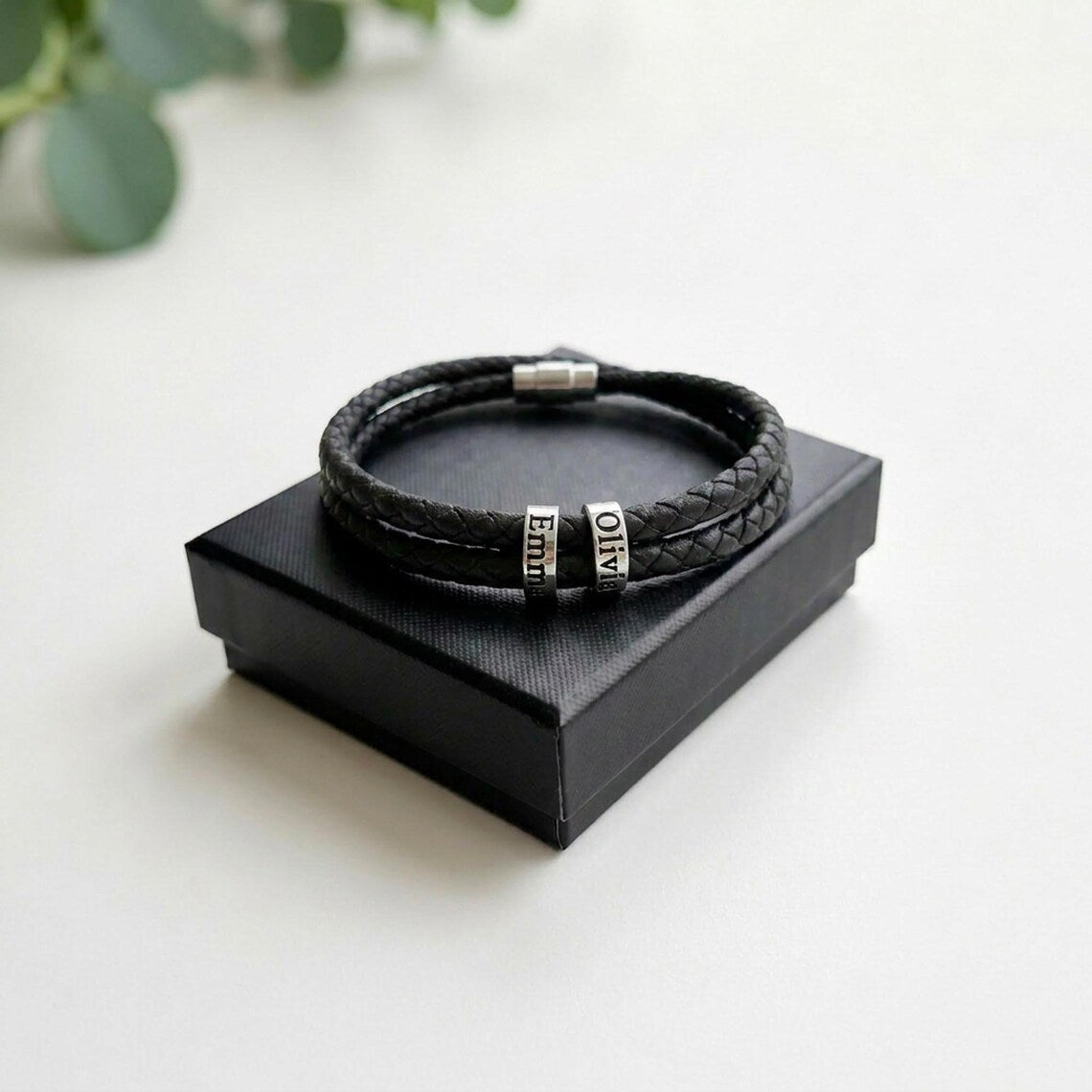 Personalized Mens Woven Leather Bracelet Dad With Kids Name Engraved