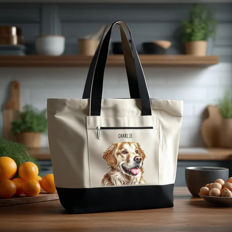 Custom Pet Zippered Canvas Shopping Tote Bag